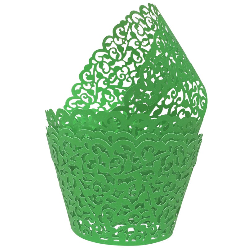 GOLF 100Pcs Cupcake Wrappers Artistic Bake Cake Paper Filigree Little Vine Lace Laser Cut Liner Baking Cup Wraps Muffin CaseTrays for Wedding Party Birthday Decoration (Green) - Image 1